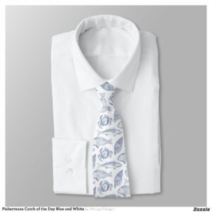 Fishermans Catch of the Day Blue and White Neck Tie